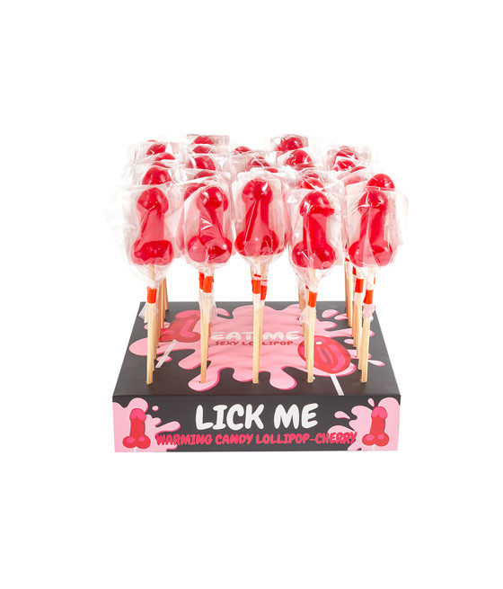 Présentoir de 40 sucettes pénis à la cerise avec effet chauffant épicé