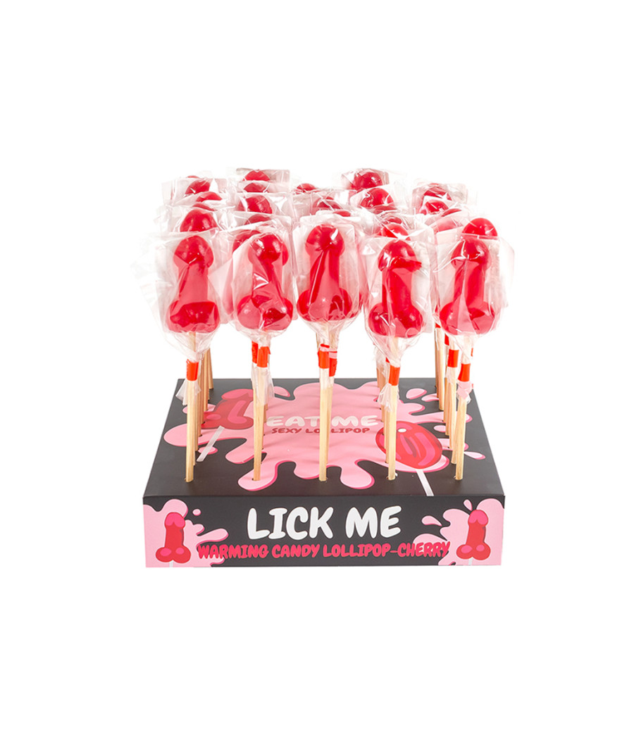 Présentoir de 40 sucettes pénis à la cerise avec effet chauffant épicé