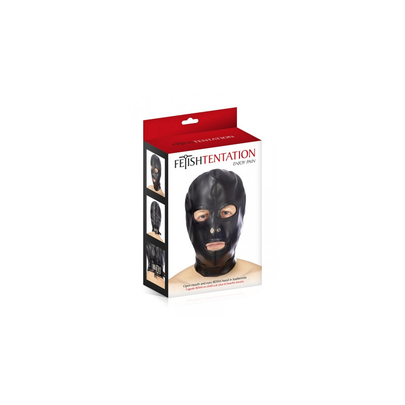 Cagoule BDSM 3 ouvertures en simili cuir - Fetish Tentation