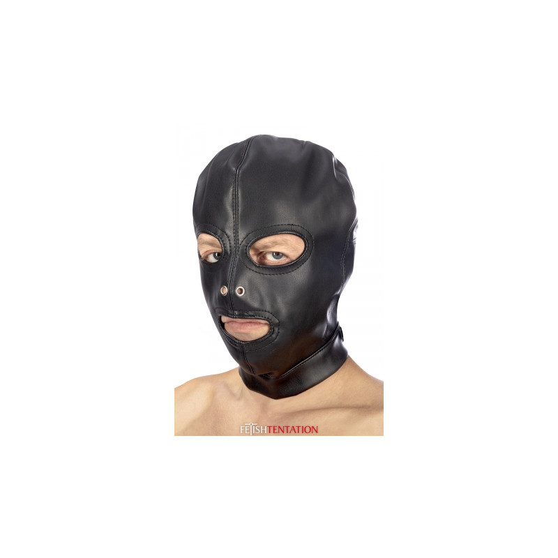 Cagoule BDSM 3 ouvertures en simili cuir - Fetish Tentation