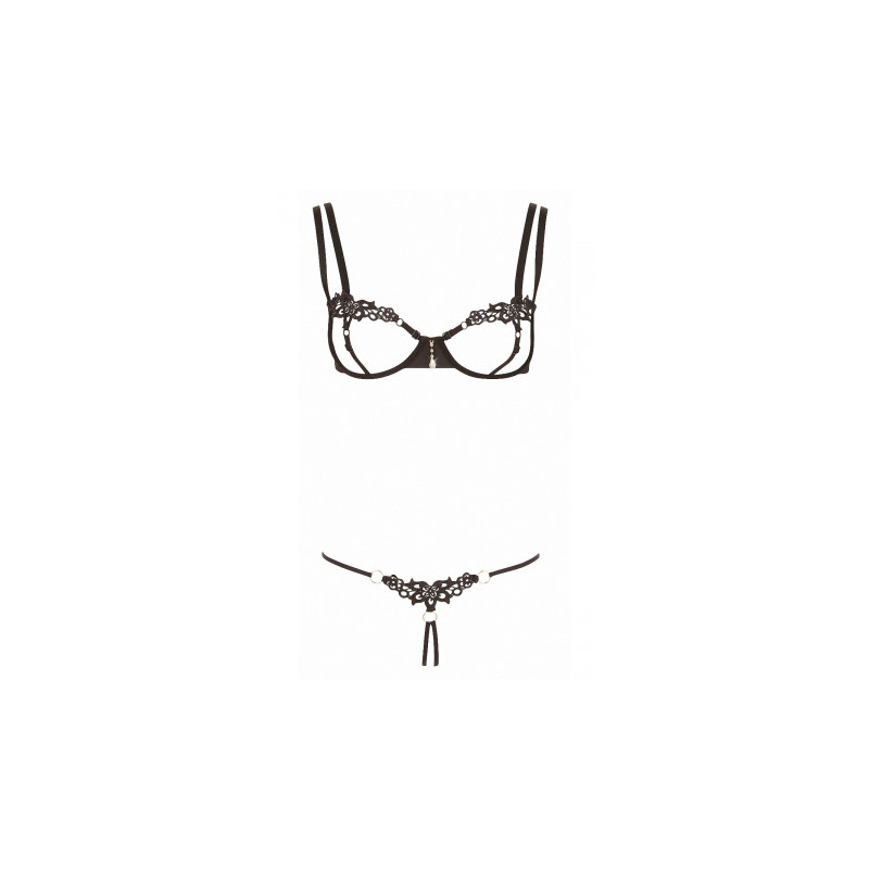 Ensemble dentelle string ouvert et seins nus noir - Cottelli Lingerie
