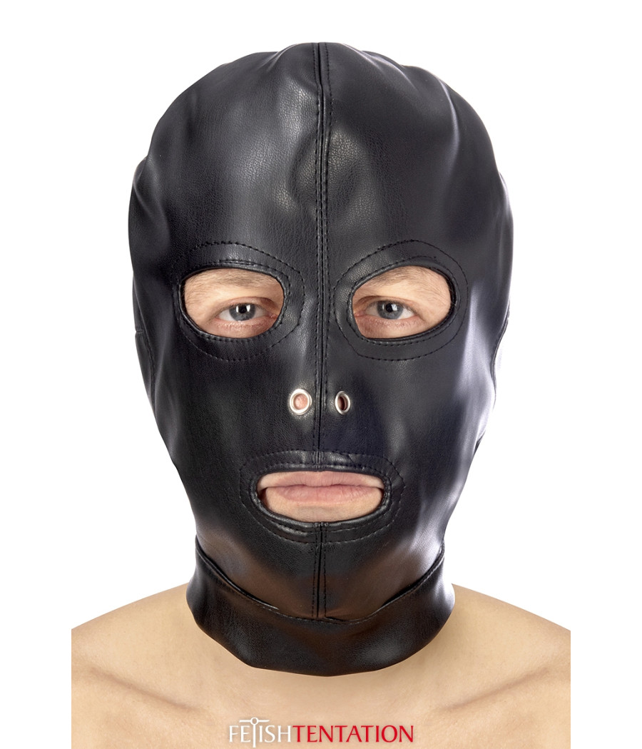 Cagoule BDSM 3 ouvertures en simili cuir - Fetish Tentation Cagoule BDSM 3 ouvertures en simili cuir - Fetish Tentation