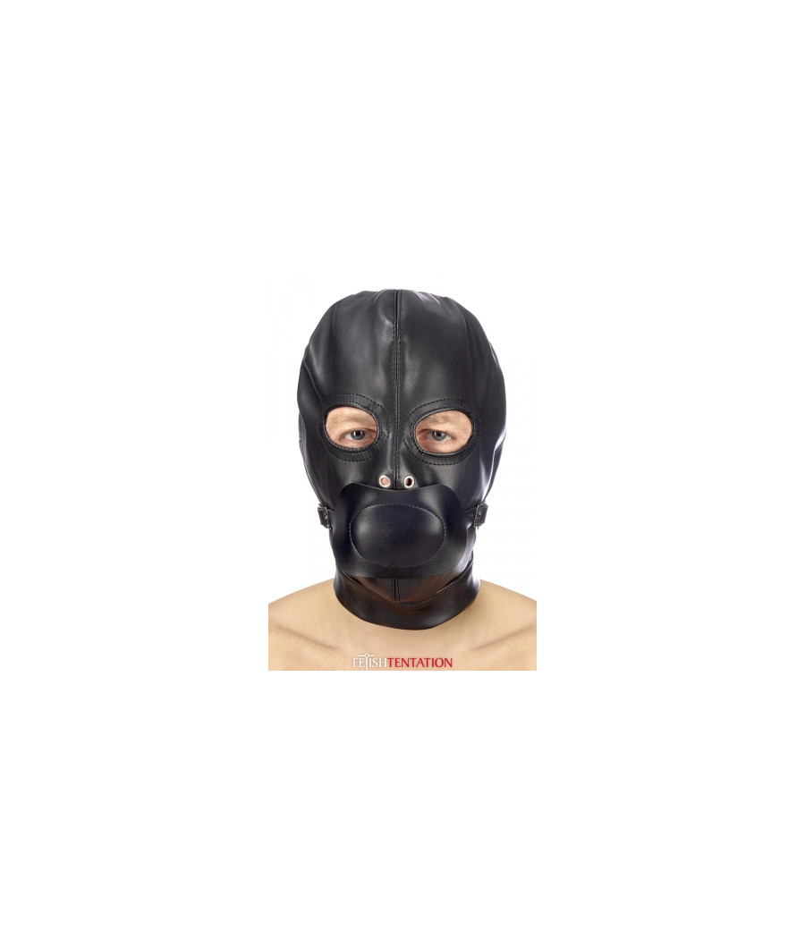 Cagoule BDSM simili cuir avec baillon amovible - Fetish Tentation Cagoule BDSM simili cuir avec baillon amovible - Fetish Tentation