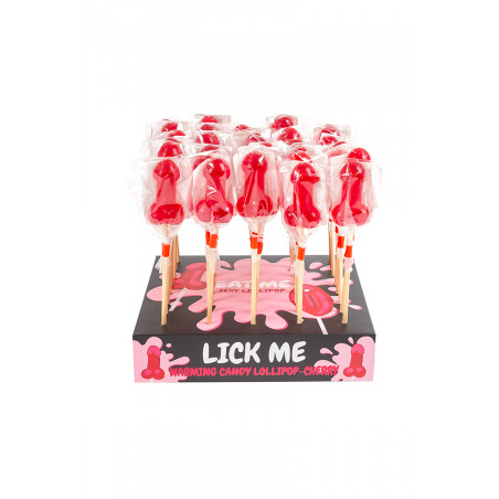 Présentoir de 40 sucettes pénis à la cerise avec effet chauffant épicé