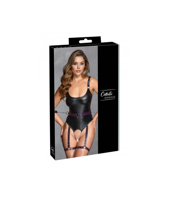 Body à jarretelles ouvert avec menottes - Cottelli Bondage